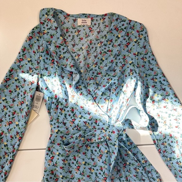 Little Moon Blue Elm Floral Wrap Midi Wrap Women Longsleeves Ruffle Dress Sz XXS - Picture 8 of 16